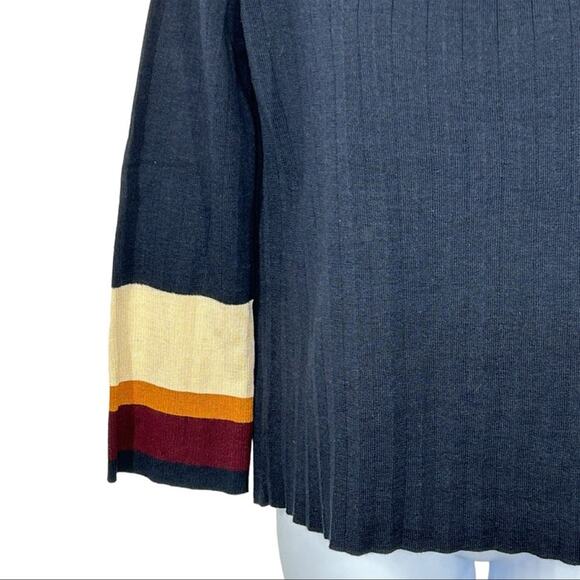 CLICHÉ Navy Wool Blend Sweater Small | Trendy Pleated Bell Sleeve Pullover - Picture 6 of 13